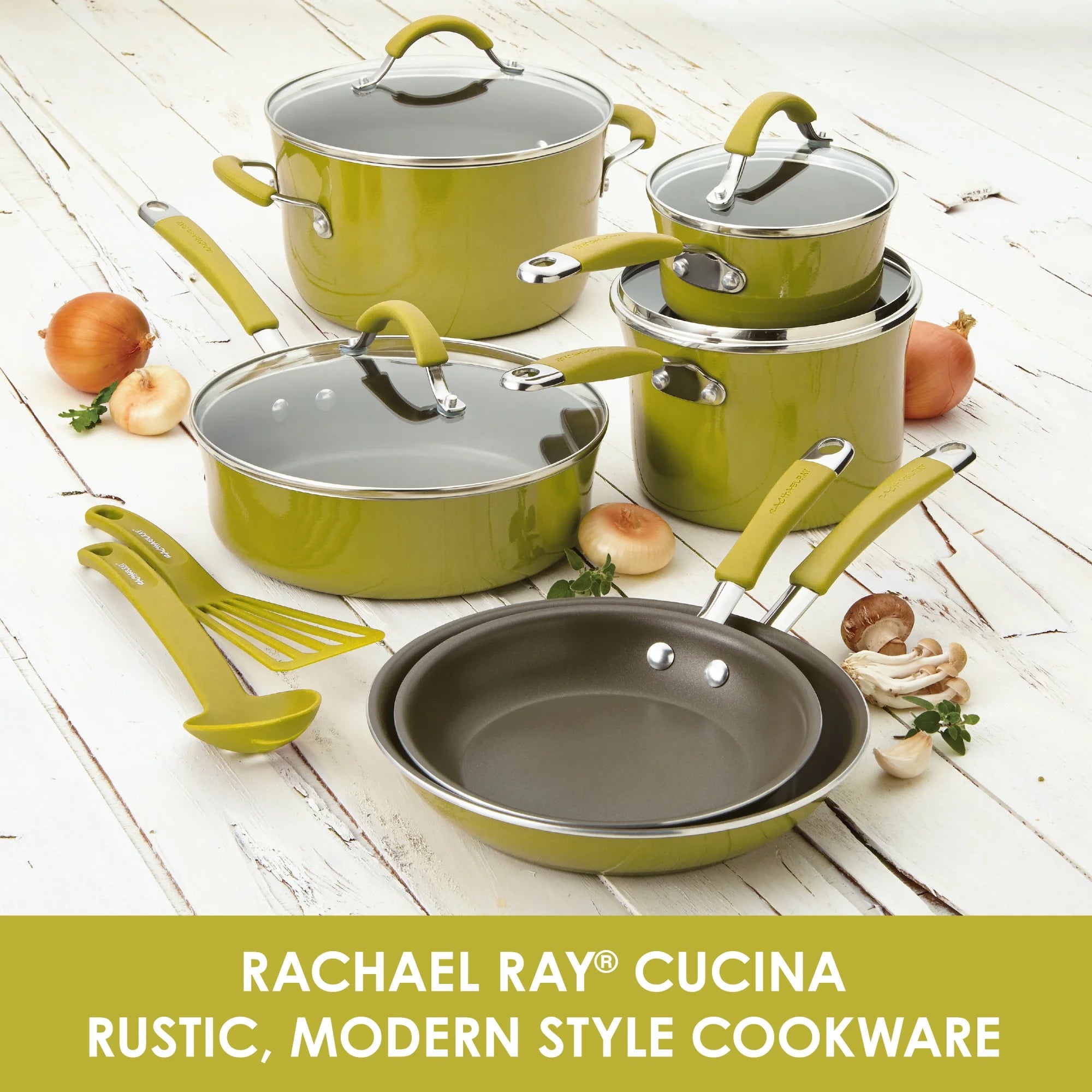 Porcelain Enamel Nonstick Pots and Pans Set, Lemongrass Green X327767