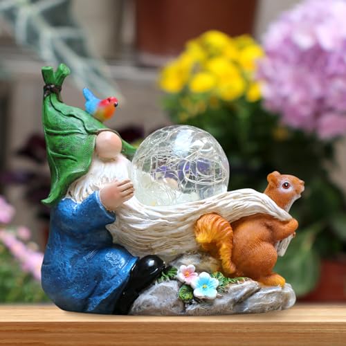 Solar Gnome Statue with Lighted Flower for Yard Decor O7431