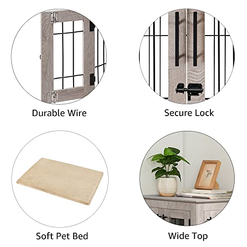 Wooden Dog Crate End Table with Double Doors and Pet Bed T245171