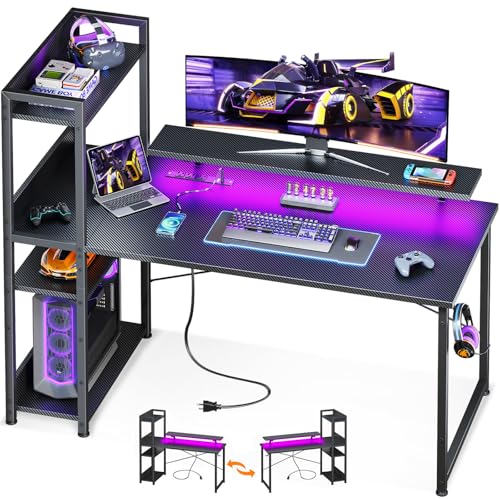 Reversible Gaming Desk with USB Charging Port and LED Lights, 40 Inch Computer Desk with Storage Shelves C134