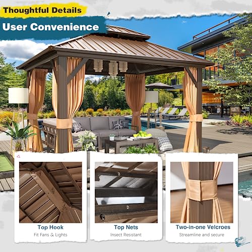 10'x13' Hardtop Gazebo with Polycarbonate Double Roof, Aluminum Frame, Curtains and Netting N263