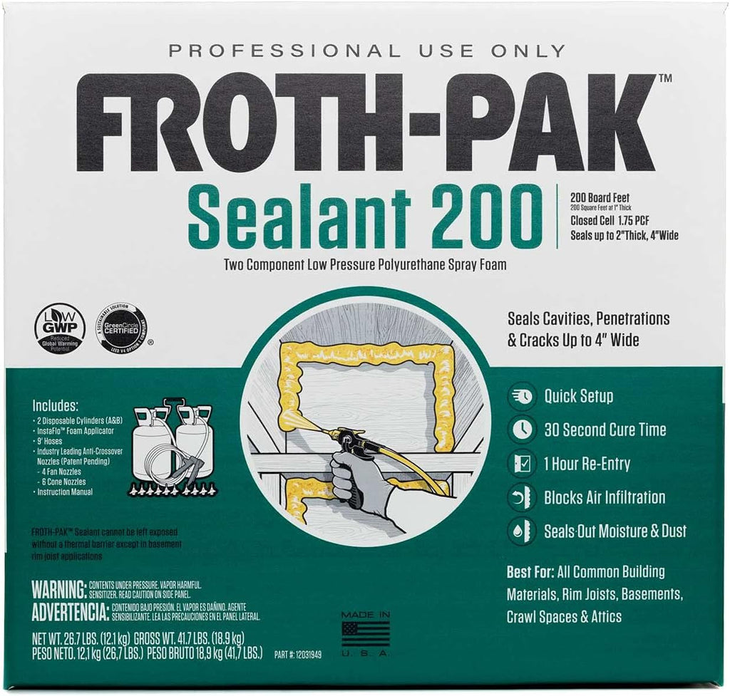 Froth-Pak 200 Spray Foam Sealant Kit, 9ft Hose. Improved Low GWP Formula. Seals Cavities, Penetrations and Gaps Up to 4" Wide. Yields Up to 200 Board ft. Two Component, Polyurethane, Closed Cell