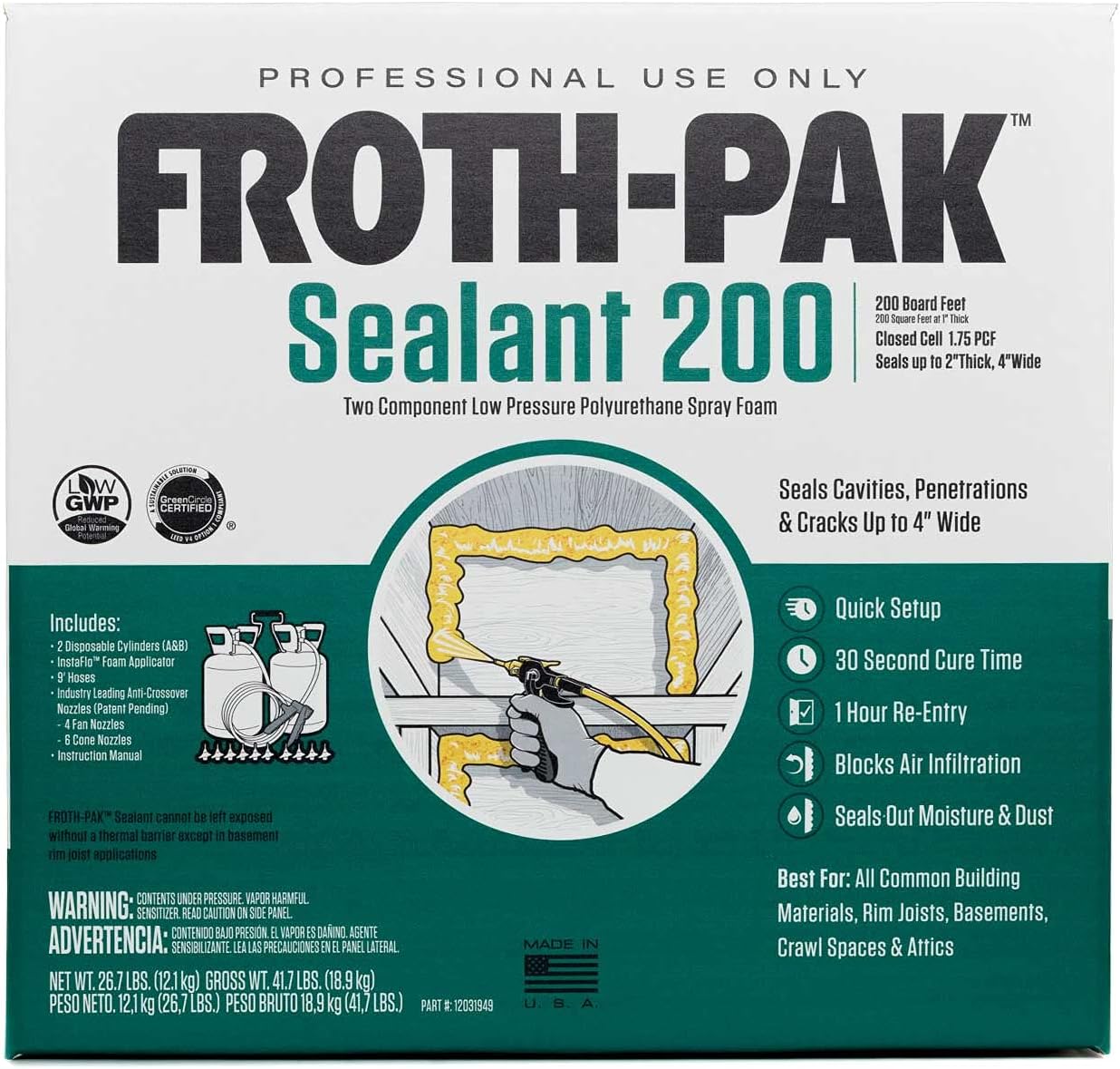 Froth-Pak 200 Spray Foam Sealant Kit, 9ft Hose. Improved Low GWP Formula. Seals Cavities, Penetrations and Gaps Up to 4" Wide. Yields Up to 200 Board ft. Two Component, Polyurethane, Closed Cell