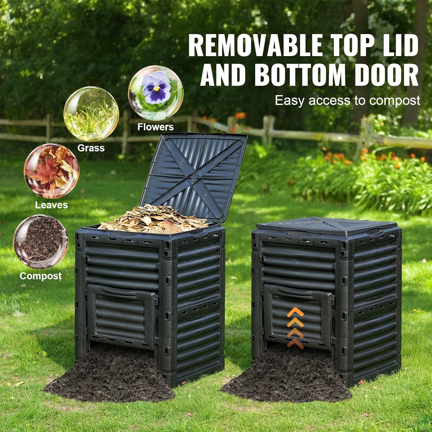 Garden Compost Bin 80 Gallon, Outdoor Composter with Top Lid and Bottom Door D9519