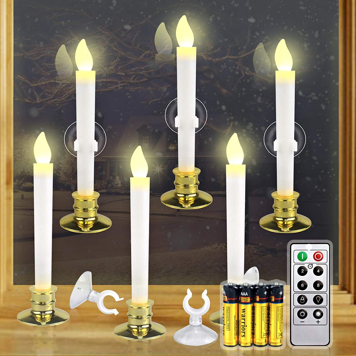 6 Set Christmas Window Candles Lights with Timer Battery Operated Electric LED Taper Candles Flameless for Windows, Gold Candle Holders, Suction Cups &12 PCS Battery Included (6 set)