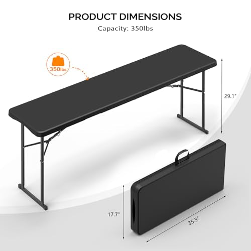 6 FT Narrow Folding Table, HDPE Tabletop with Metal Frame, White K503