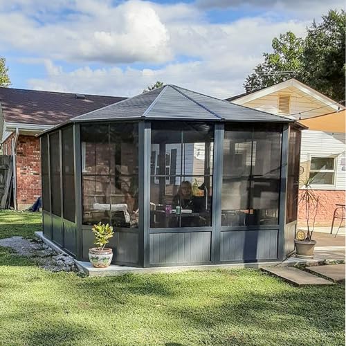 10 x 10 ft Hardtop Gazebo with Netting and Curtains, Galvanized Steel Roof for Patio and Garden X50618