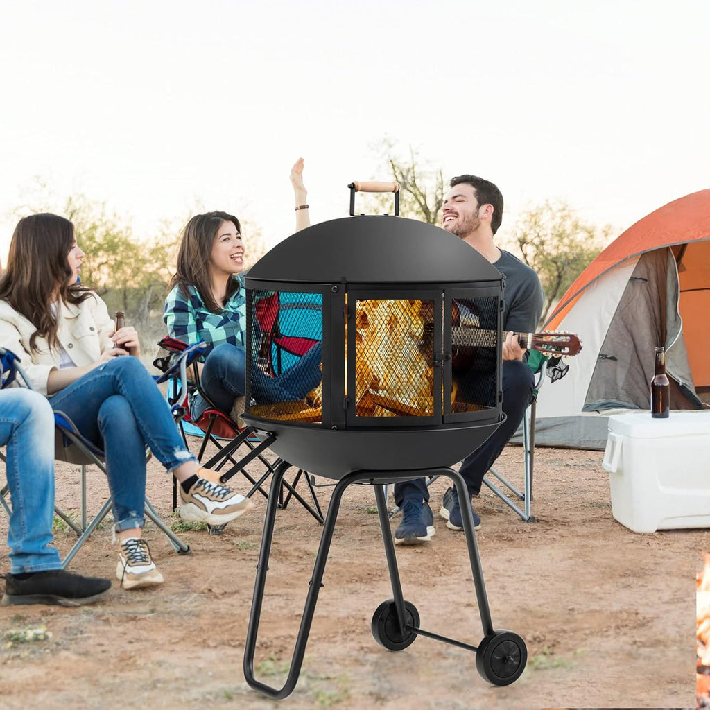 Portable Fire Pit with Wheels, 28 Inch Wood Burning, Black N2023