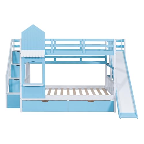 Kids Bunk Bed with Stairs and Slide, Twin Over Twin, Gray E77813