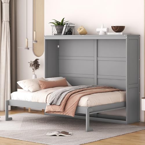 Merax Modern Farmhouse Solid Wood Murphy Cabinet Bed, No Box Spring Needed/Easy Assemble/Queen,Gray