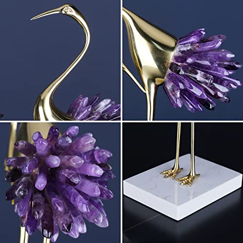 Gold Crane Bird Statue with Crystal Tail Accents, Brass Figurine for Home Decor P83593