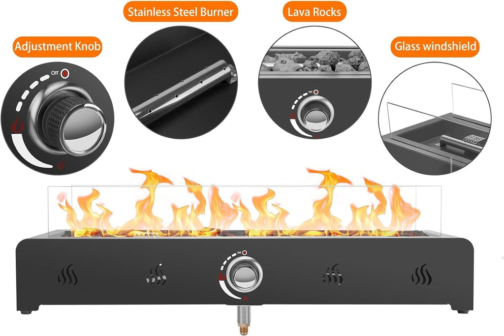 28 Inch Tabletop Gas Fire Pit with Glass Wind Guard and Lava Rock X571184