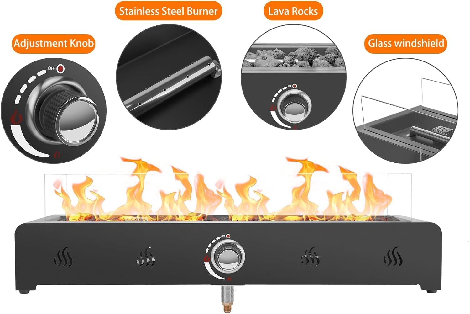 28 Inch Tabletop Gas Fire Pit with Glass Wind Guard and Lava Rock X571184