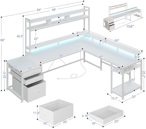 L Shaped Gaming Desk with Storage Shelves and LED Light U926701