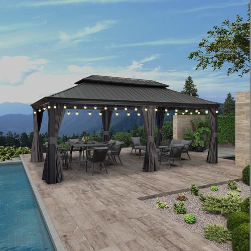 10' x 14' Permanent Hardtop Gazebo with Galvanized Steel Double Roof, Curtains and Netting Included M96664