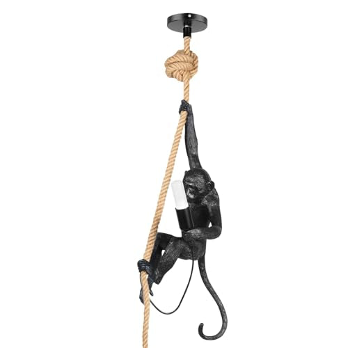 Vintage Resin Hemp Rope Monkey Pendant Light,Industrial Retro Ceiling Lamp Fixture Hanging Lamp for Dining Living Room Bedroom Bar Cafe (Gold)