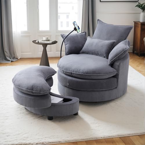 Swivel Accent Sofa Chair with Phone Holder & Storage Ottoman, Corduroy, Beige R7636