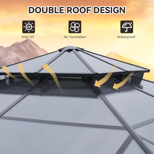 12x16 Hardtop Gazebo with Netting and Curtains, Aluminum Frame, Polycarbonate Roof N71921