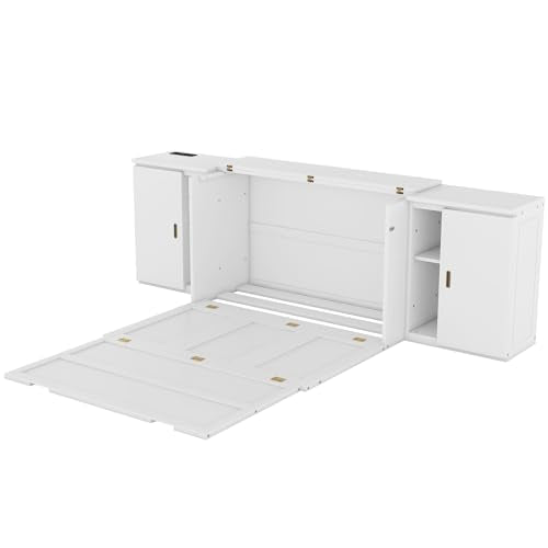 Murphy Bed Chest with Shelves, Foldable Wood Platform Bed Frame I45495