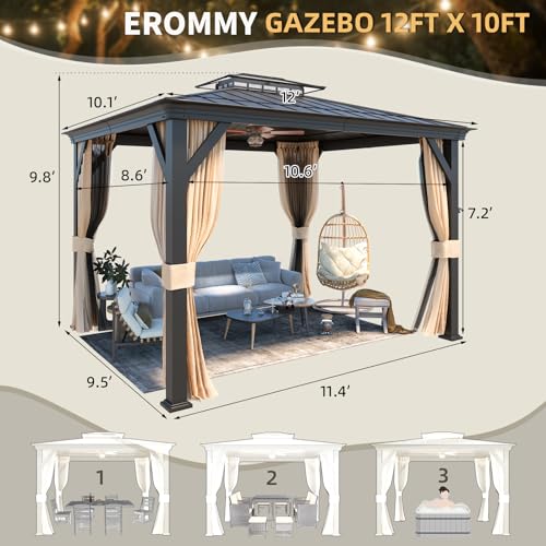 12x20 Hardtop Gazebo Double Roof Galvanized Steel Outdoor Aluminum Frame with Netting and Curtains M3306
