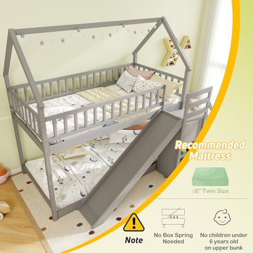 Twin Over Twin Bunk Bed with Slide and Stairs, Wood, White F9999