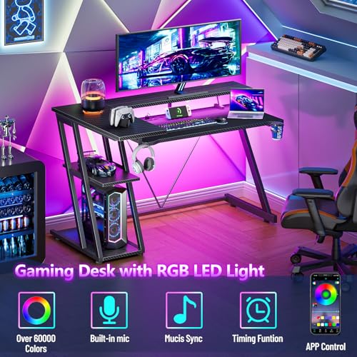 L Shaped Gaming Desk with Power Outlet and LED Lights T64283