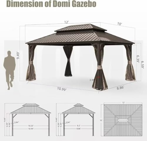 10 x 10 ft Hardtop Gazebo with Netting and Curtains, Galvanized Steel Roof for Patio and Garden X50618