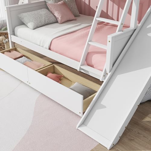 Twin Over Full Bunk Bed with Slide and Storage Stairs C57577
