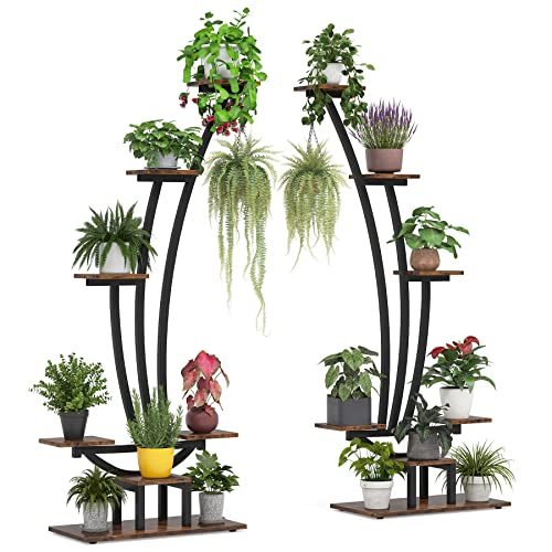 6-Tier Tall Plant Stand, Metal Curved Display Shelf with Hanging Hooks Q77495