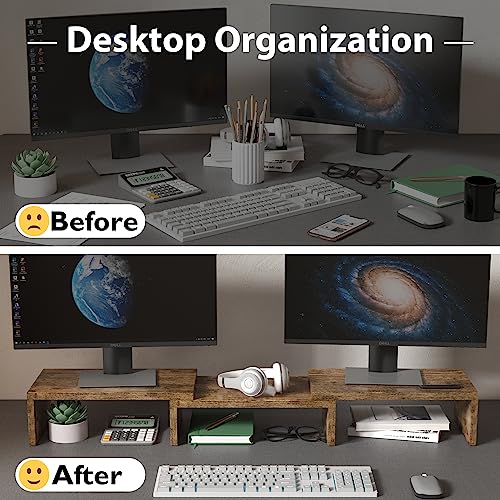Dual Monitor Stand Riser with Smartphone Holder, Adjustable Wooden Desktop Organizer P70793