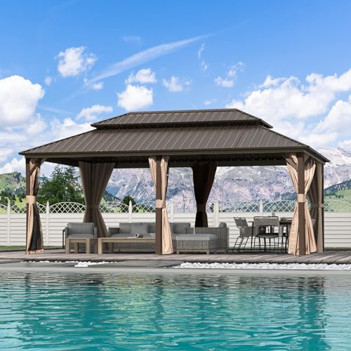 10 x 10 ft Hardtop Gazebo with Netting and Curtains, Galvanized Steel Roof for Patio and Garden X50618