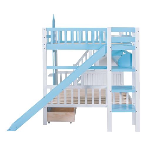 Kids Bunk Bed with Stairs and Slide, Twin Over Twin, Gray E77813