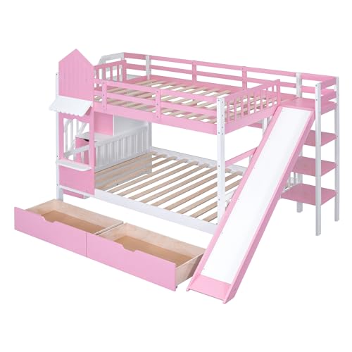 Kids Bunk Bed with Stairs and Slide, Twin Over Twin, Gray E77813