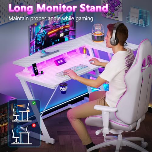 L Shaped Gaming Desk with Power Outlet and LED Lights T64283