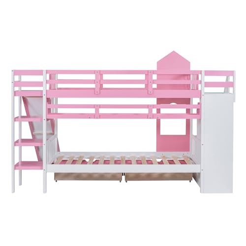 Twin Over Twin Bunk Bed with Stairs and Slide, Solid Wood Frame with Storage Y2445