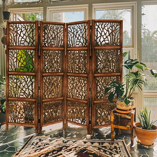 4 Panel Folding Wood Room Divider, Antique Brown, 72 x 80 L396608