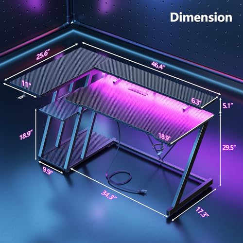 L Shaped Gaming Desk with Power Outlet and LED Lights T64283