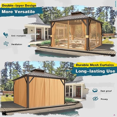 10'x13' Hardtop Gazebo with Polycarbonate Double Roof, Aluminum Frame, Curtains and Netting N263