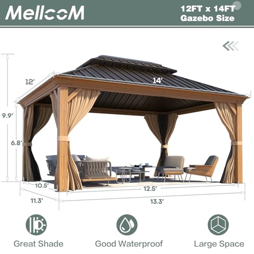 12x16 ft Hardtop Gazebo with Galvanized Steel Roof, Curtains and Netting V821
