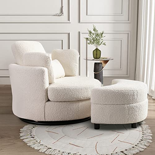 Swivel Barrel Chair with Ottoman for Living Room Bedroom, White W553228
