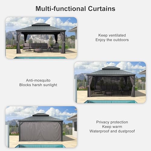 10' x 14' Permanent Hardtop Gazebo with Galvanized Steel Double Roof, Curtains and Netting Included M96664