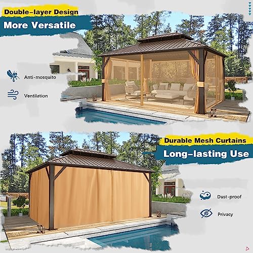 10'x13' Hardtop Gazebo with Polycarbonate Double Roof, Aluminum Frame, Curtains and Netting N263