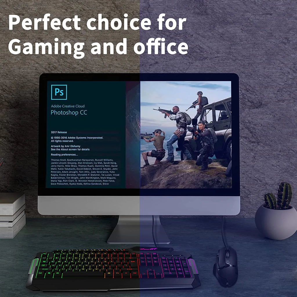 Gaming Keyboard, 114 Keys Full Size Wired Rainbow LED Backlit Quiet Computer Keyboard with Wrist Rest, Black R563