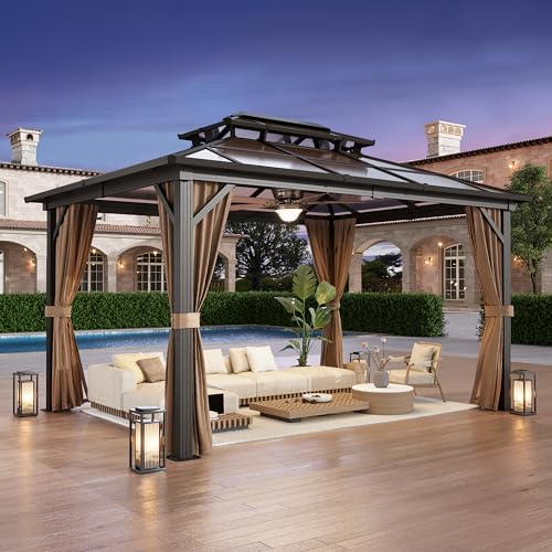 10'x13' Hardtop Gazebo with Polycarbonate Double Roof, Aluminum Frame, Curtains and Netting N263