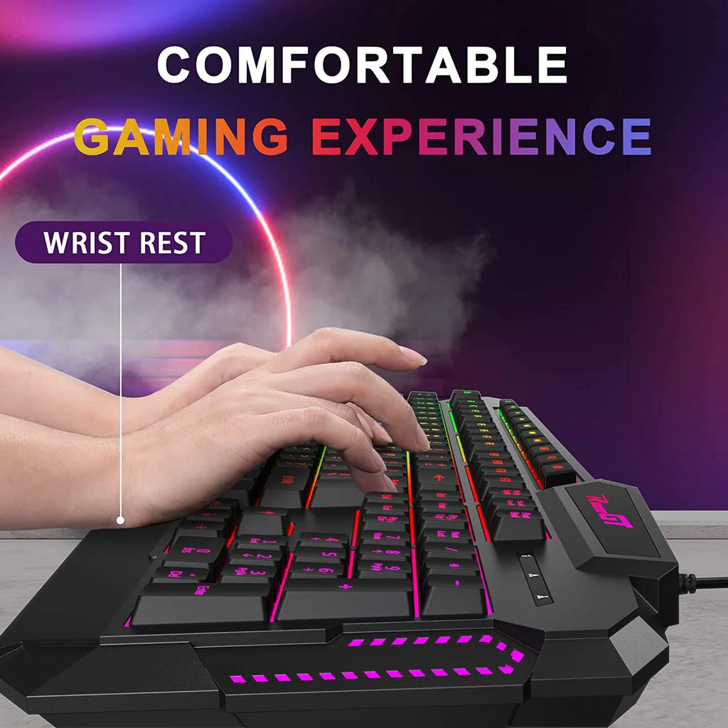 Gaming Keyboard, 114 Keys Full Size Wired Rainbow LED Backlit Quiet Computer Keyboard with Wrist Rest, Black R563