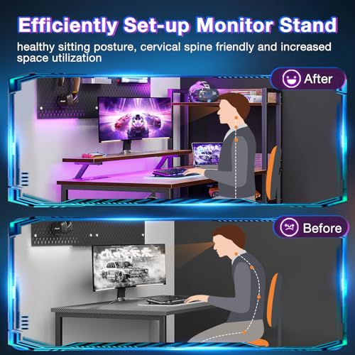 Reversible Gaming Desk with USB Charging Port and LED Lights, 40 Inch Computer Desk with Storage Shelves C134