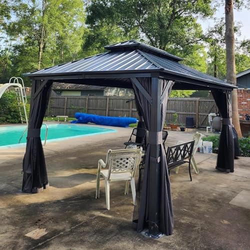 10 x 10 ft Hardtop Gazebo with Netting and Curtains, Galvanized Steel Roof for Patio and Garden X50618
