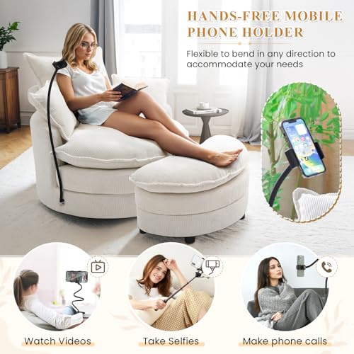 Swivel Accent Sofa Chair with Phone Holder & Storage Ottoman, Corduroy, Beige R7636