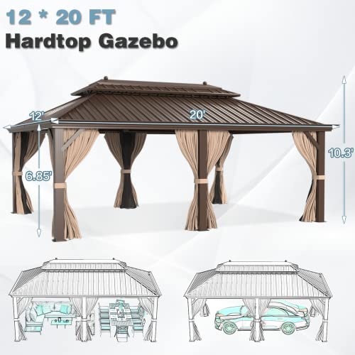 12x16 ft Hardtop Gazebo with Galvanized Steel Roof, Curtains and Netting V821
