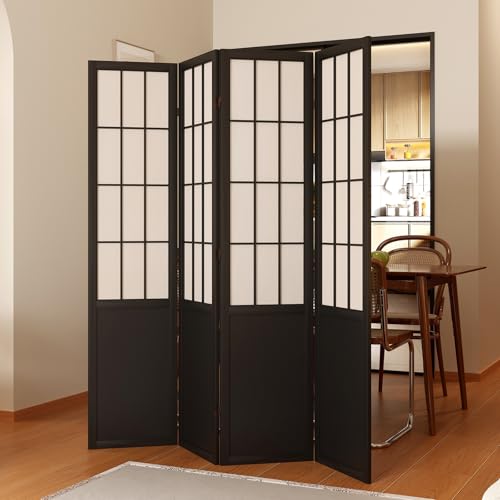 Japanese Shoji Folding Room Divider, 4 Panels, Black T762554